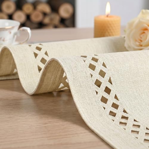 Beige Rustic Geometric Table Runner 13x90 Inch - Washable Polyester