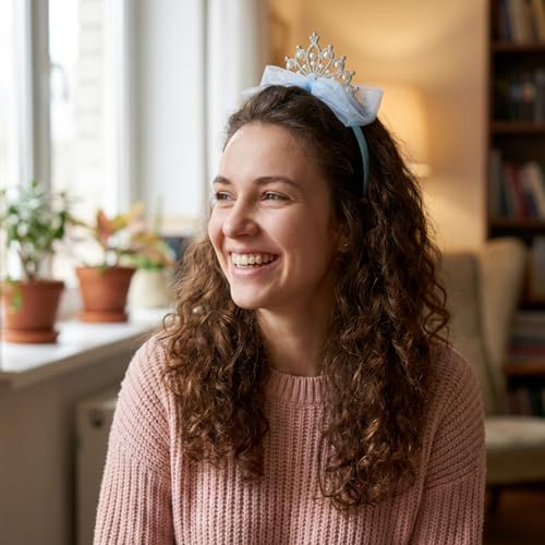 Blue Rhinestone Crown Headband with Tulle Bow for Women Birthday Parties