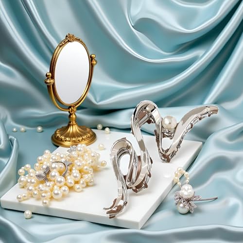 Metallic Ribbon Pearl Hair Claw Clip Large Silver Non-Slip Barrette
