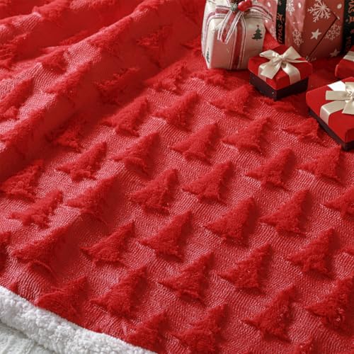 Remagr Christmas Sherpa Throw Blanket 50x60 Inches with 3D Xmas Tree - Red Variation