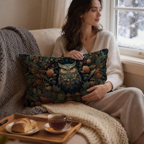William Morris Inspired Floral Owl Pillow Cover 20x12 Inch - Pack of 1