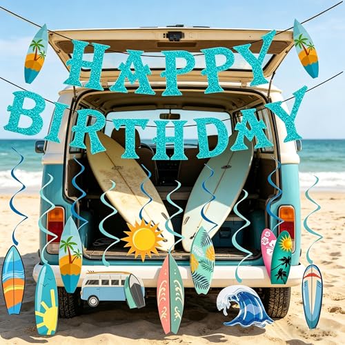 Glitter Blue Surf Birthday Party Decorations - 10 Surfboard Swirls