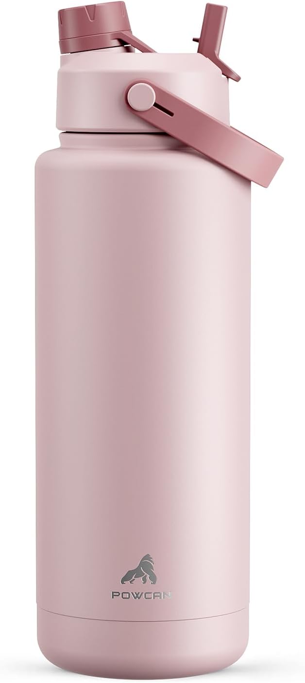 POWCAN 40 oz Insulated Water Bottle - 2-in-1 Straw & Spout Lid, Leak-Proof, BPA-Free | Dried Rose
