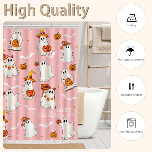Pink Halloween Shower Curtain with Cute Ghosts - 72x72 Inches