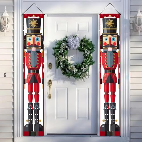 Outdoor Christmas Nutcracker Banner for Porch - Wide Soldier Style 30x71 Inch Red & Black Holiday Door Decor