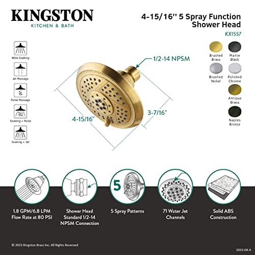 Kingston Brass KX1557 Vilbosch 5-Inch Round 5-Function ABS Shower Head in Brushed Brass