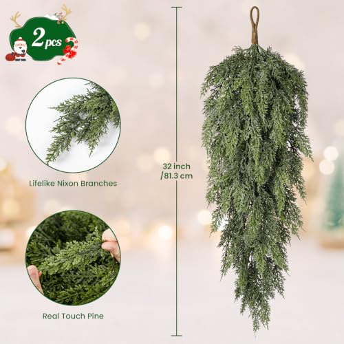 Artificial Christmas Teardrop Swag Set - 45 Leaves, 32 Inch Cedar Greenery Decor - 2 Pack