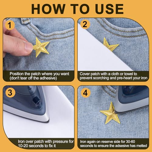 Winsyison 30pcs Gold Iron-On Star Patches 1.15in Embroidered Appliques