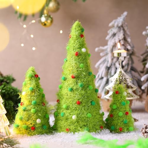 Furry Christmas Tree Decorations Set - Green, Multiple Sizes, 3 Pcs