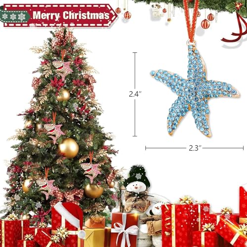 Metal Starfish Christmas Ornament with Blue Rhinestones - Beach Theme Holiday Decor