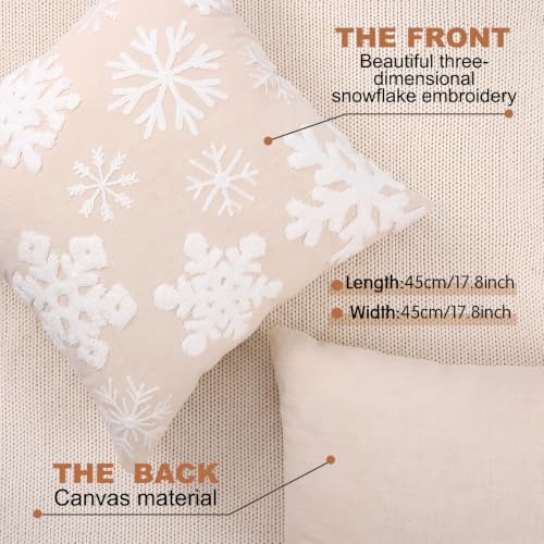 Christmas Snowflake Pillow Covers 18x18 Inches Set of 2 - White Cotton Canvas Holiday Decor