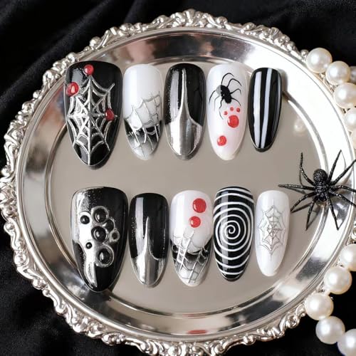 UEYRSEDB Halloween Black Press on Nails Medium Almond Gothic French Tip Fake Nails with Spider Web Design