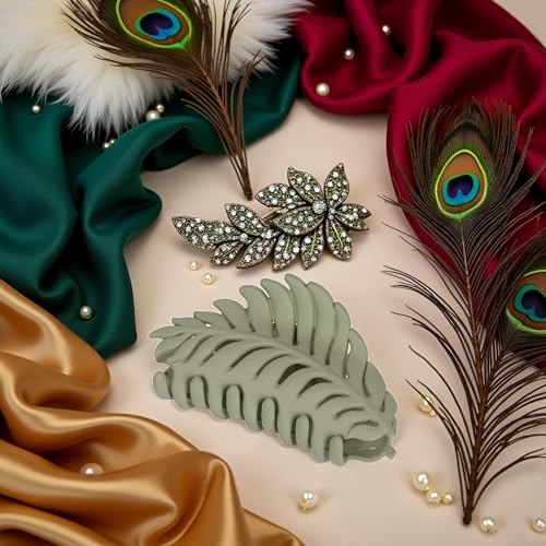 Cauaoa Green Leaf Large Hair Claw Clip - 3.5 Inch Non-Slip Banana Clamp