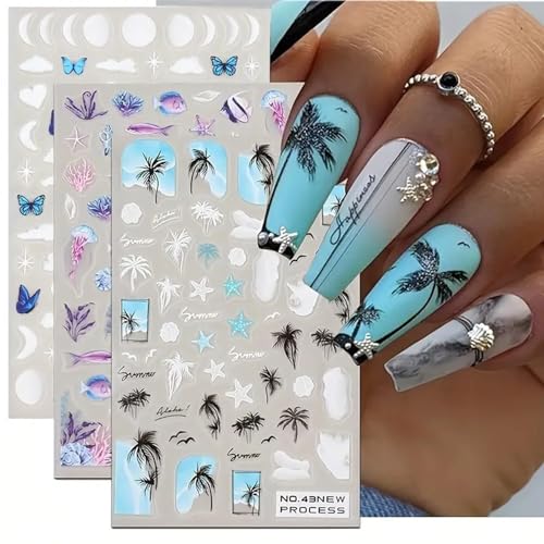 CEWEWP 3 Sheets Summer Ocean Nail Art Stickers 3D Self-Adhesive Decals
