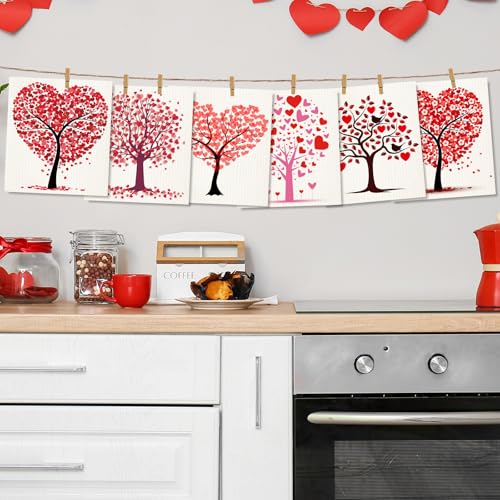 Whaline 6 Pcs Valentine's Day Dishcloths - Heart Tree Design, 7x8 Inch