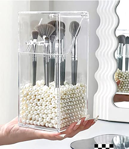 Clear Acrylic Makeup Brush Organizer with Dustproof Lid - 21 cm