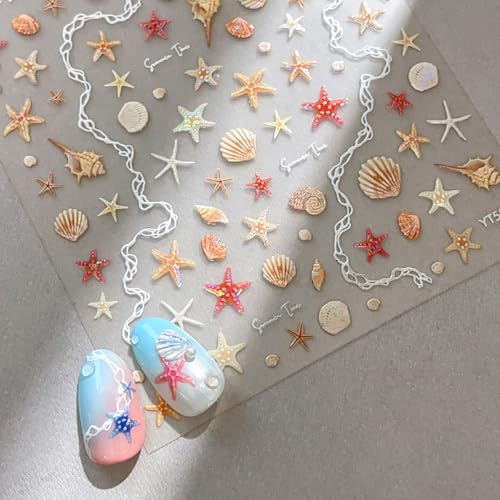 5D Embossed Starfish Seashell Nail Stickers - Summer Ocean Self-Adhesive Decals (2 Sheets)