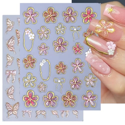 KAHSOSE 5D Flower & Butterfly Nail Stickers - 2 Sheets Embossed Decals
