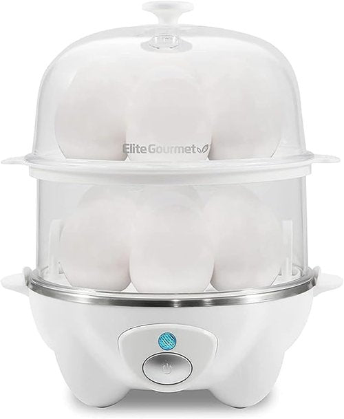 Elite Gourmet 2-Tiered Egg Cooker - Rapid 5-Egg Poacher for Soft, Medium, Hard-Boiled Eggs | BPA Free, White