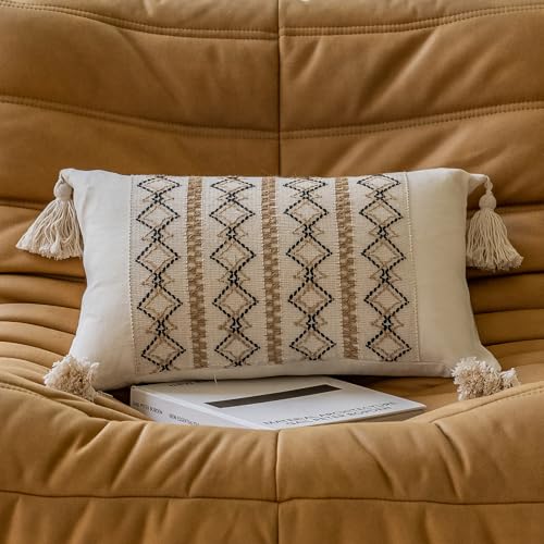 vctops Boho Cotton Linen Lumbar Pillow Cover 12x20 Inch with Tassels