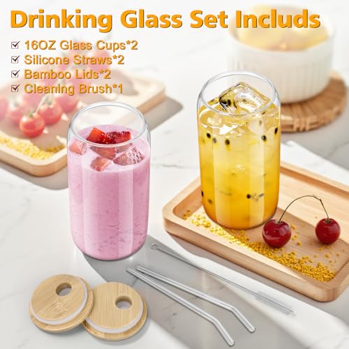 Sungwoo 16 oz Glass Cups with Bamboo Lids & Straws - 2 Pack
