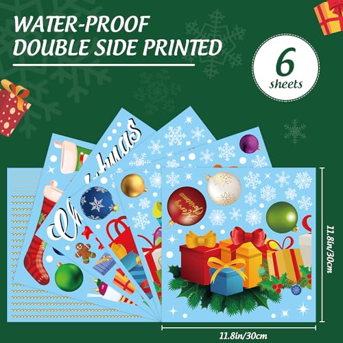 Christmas Window Clings Set - Holiday Snowflakes & Ornaments, 6 Sheets, 11.8 x 11.8 inches
