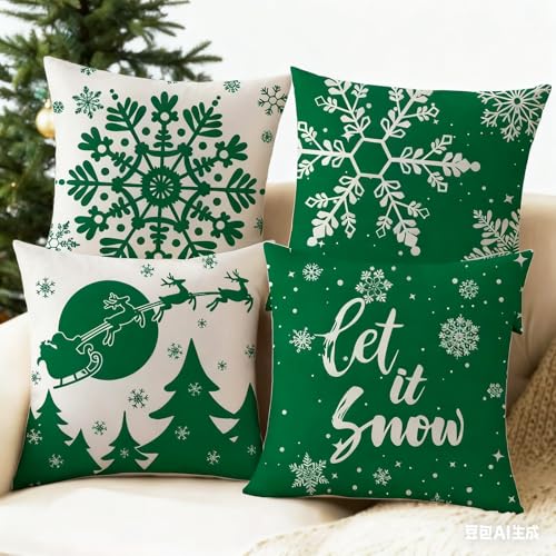 JOJOGOGO Green Christmas Pillow Covers Set of 4 - 18x18 Snowflake Design