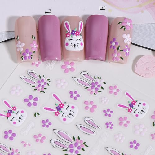 POWPOP 5D Embossed Easter Nail Art Stickers Bunny Flower Decals 4PCS