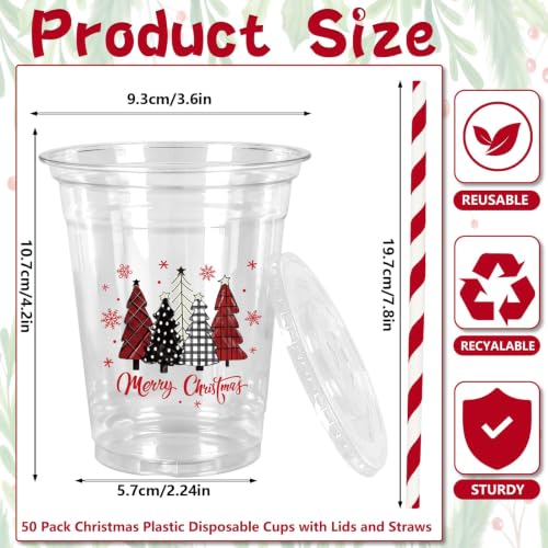 Christmas Tree Plastic Cups with Lids & Straws - Red & Black Holiday Party Supplies - 12oz - Variation of THIS listing