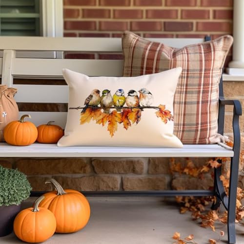 RABUSOFA Fall Bird Throw Pillow Cover, Waterproof Linen, 12x20 Inch