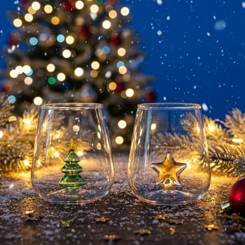Christmas Tree and Star Stemless Wine Glass Set - 2 Pack Holiday Drinkware