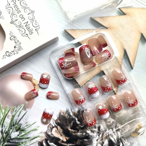 Christmas French Tip Press on Nails Short Square False Nails Red White