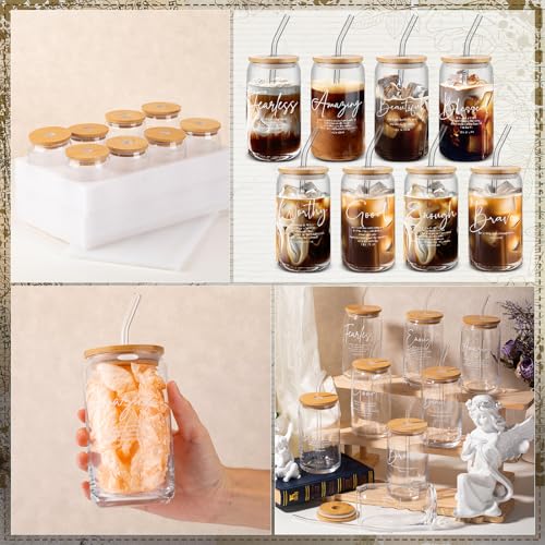 Christian Glass Cup Set - 8 Pcs Bible Verse Coffee Mugs with Bamboo Lids - Classic Variation