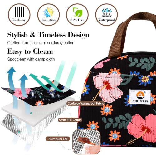 CaCTOUR Insulated Corduroy Lunch Bag - Small Flower Print Tote for Women