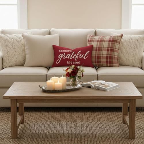 Farmhouse Thankful Thank You Blessed Throw Pillow Cover 12x20 Crimson Red - Double-Sided Polyester