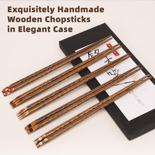 Antner Natural Wood Geometric Pattern Reusable Japanese Chopsticks Set – 8.8 Inch, Dishwasher Safe
