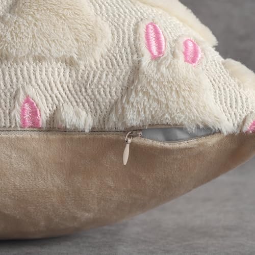 4TH Emotion Easter Rabbit Throw Pillow Covers, 18x18 Faux Fur Beige Set of 2