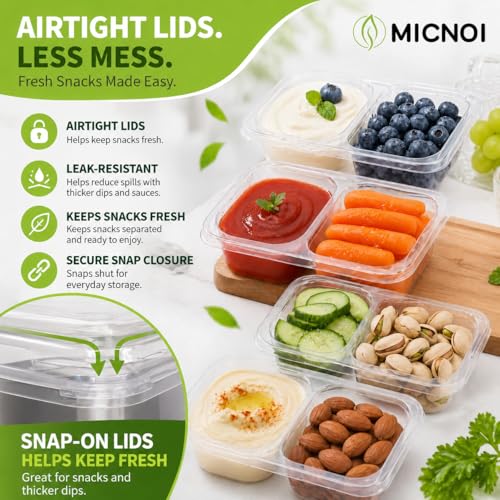 Reusable Snack Pack Containers with Lids - 2 Compartment Mini Sauce Boxes