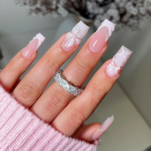 White French Tip Press On Nails Medium Square 3D Flower Bow False Nails