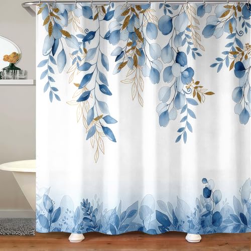 Blue and Gold Watercolor Shower Curtain - 72x72 Modern Abstract Bath Decor