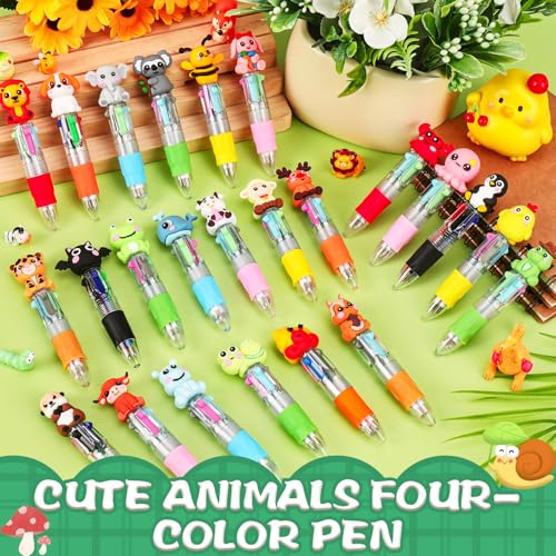 24 Multicolor Animal Pen Set for Kids - 4-in-1 Ballpoint Pens with Removable Animal Caps