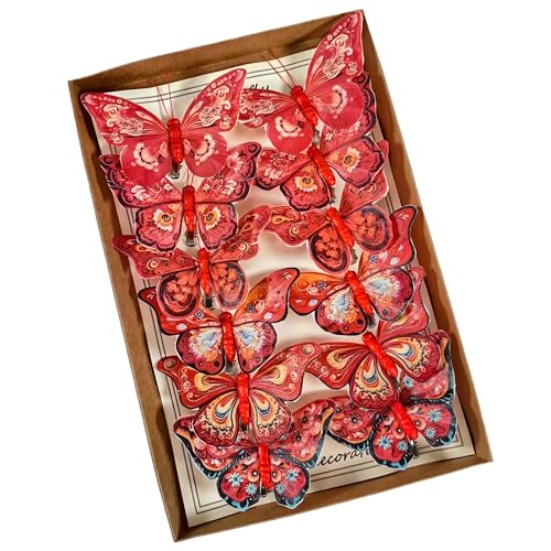 Artificial Feather Butterfly Decorations Set of 12 with Clip - Red Series for Christmas Tree F Clip