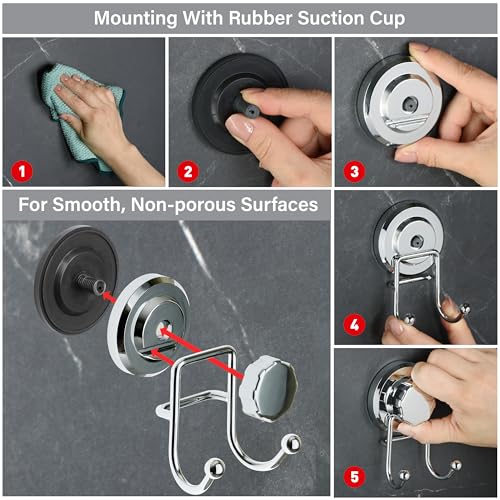 HASKO Stainless Steel Suction Cup Shower Hook - Silver No-Drill Hook