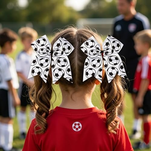 JazSwirl Soccer Hair Bow with Ponytail Holder, Black and White Grosgrain Ribbon