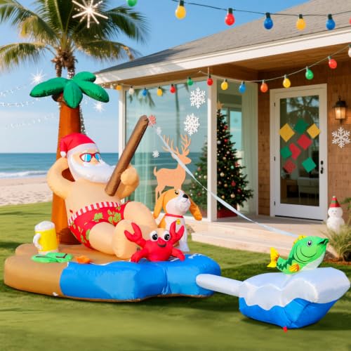 10FT Christmas Inflatable Santa Fishing by a Palm Tree with LED Lights - Holiday Yard Decor