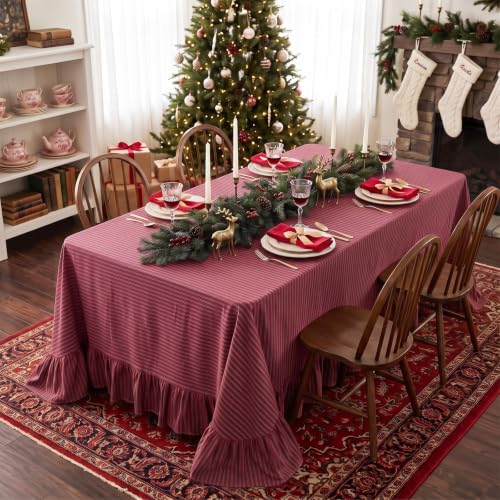 Eternal Beauty Christmas Red Striped Ruffled Tablecloth 60x120 Inches - Rectangle, Holiday Decor