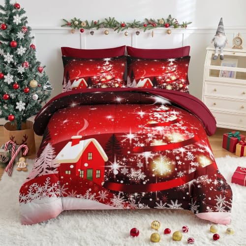 Twin Christmas Tree Bedding Set with Comforter Sheets - Red 5 Pieces