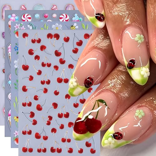 5D Embossed Flower Bee Nail Stickers 4 Sheets Spring Floral Decals