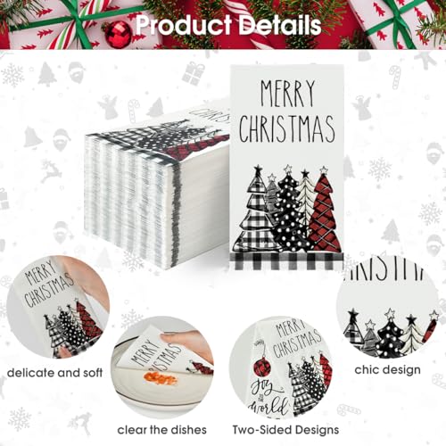 Christmas Paper Napkins 50 Pack - Buffalo Plaid Xmas Tree Design, 4.3 x 7.9 Inches, White
