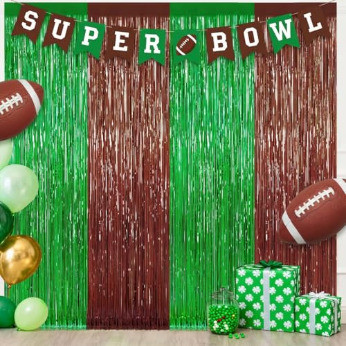 Football Party Decorations - 2 Pack Green & Brown Foil Curtains